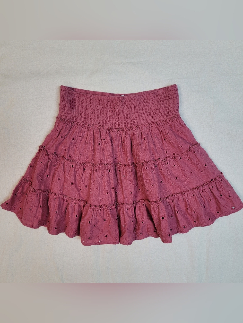 American Eagle SZ SM, Mauve Pink Tiered Eyelet Ruffle Mini Skirt, Festival boho